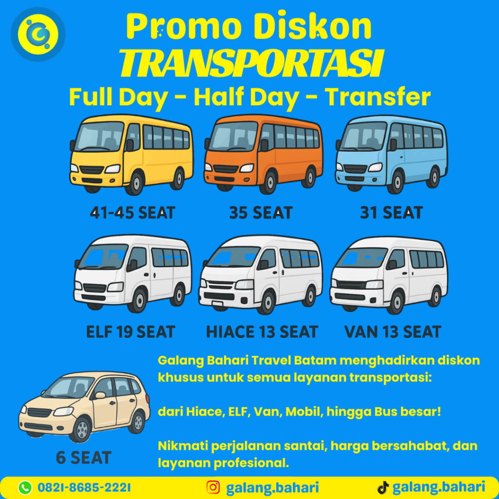 Promo Diskon Transportasi Batam Full Day & Half Day Sewa Bus, Hiace, ELF & Van 6–45 Seat 0821-8685-2221