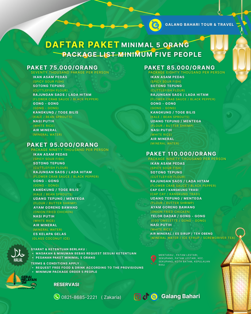 Daftar Paket Seafood Halal Batam Mulai 75.000Orang Minimal 5 Orang – Menu Ikan Asam Pedas, Udang, Sotong & Ayam Goreng di Mentaru Patam Lestari Sekupang, Reservasi Travel Galang Bahari Batam 0821-8685-2221